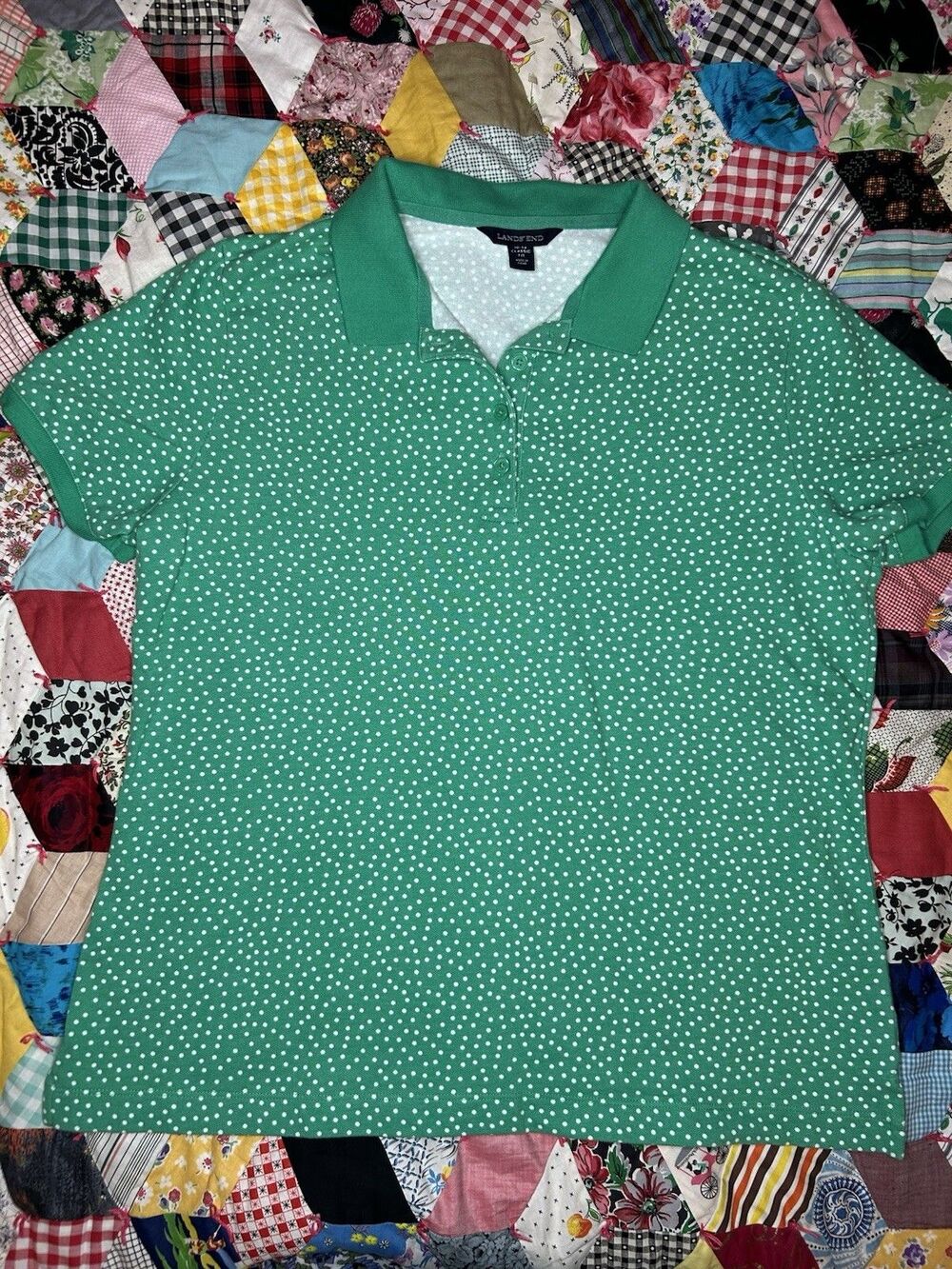 Lands' End Women's Classic Fit Green White Polka Dot Cotton Polo Shirt 10-12